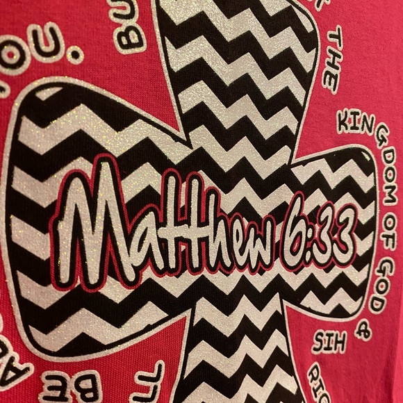 NWOT Pink Zebra Print Cross Matthew 6:33 Bible Verse Jesus Tee - Picture 3 of 5